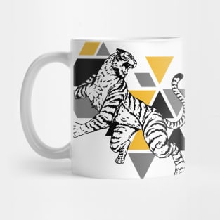 Retro Black & Gold Tiger on the Attack // Vintage Geometric Shapes Background Mug